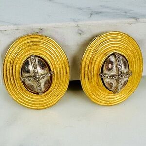 Vintage C. Stein Clip On Earrings Large Matte Gold-Tone Antiqued Silver Oval